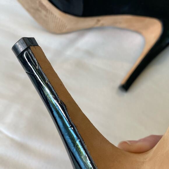 White House Black Market WHBM Jordin Peeptoe Heels Platform Shoe Black Satin 7.5 - Picture 8 of 14